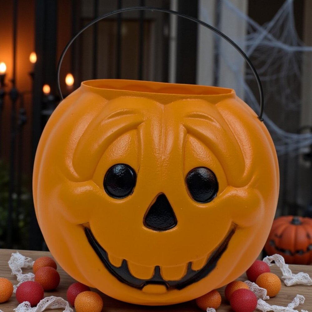 Vtg Jack-O-lantern Halloween Pumpkin Bucket Blow Mold‎ General Foam Plastics USA